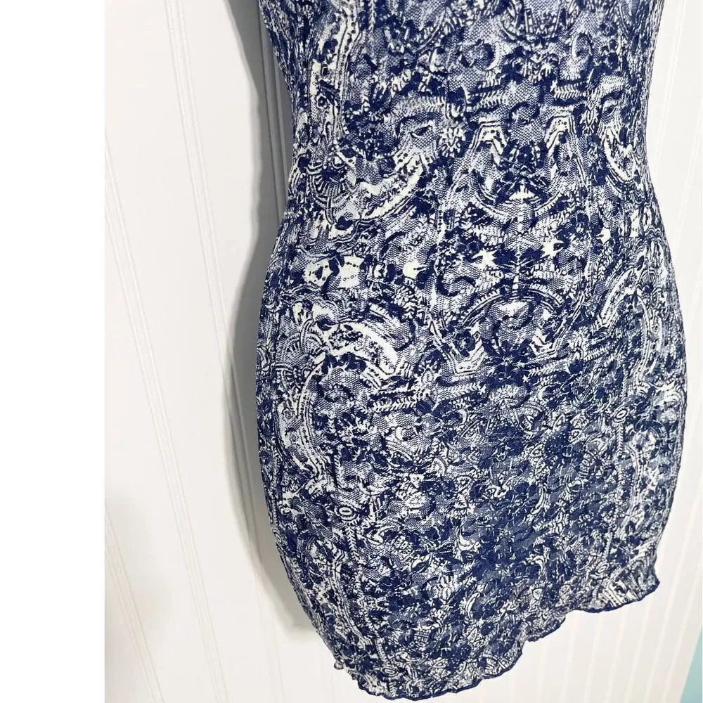 Free People Sheer Lace Printed Long Tank Top Lettuce Hem Sleeveless Blue Small‎